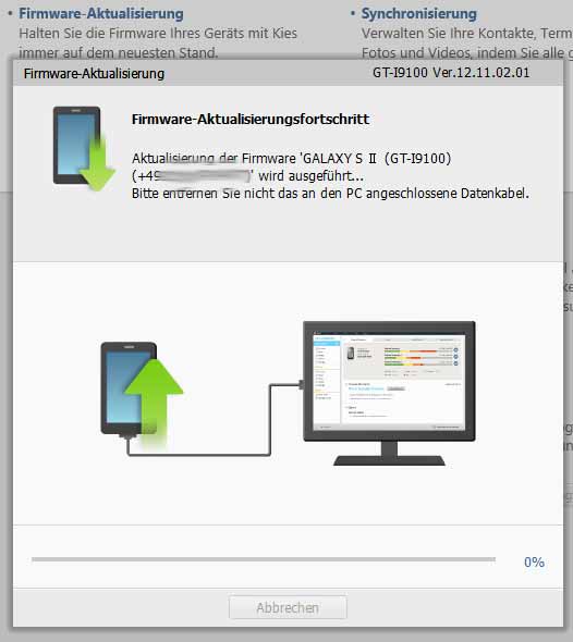Firmware-Aktualisierungsfortschritt, hier upload auf das Galaxy S2