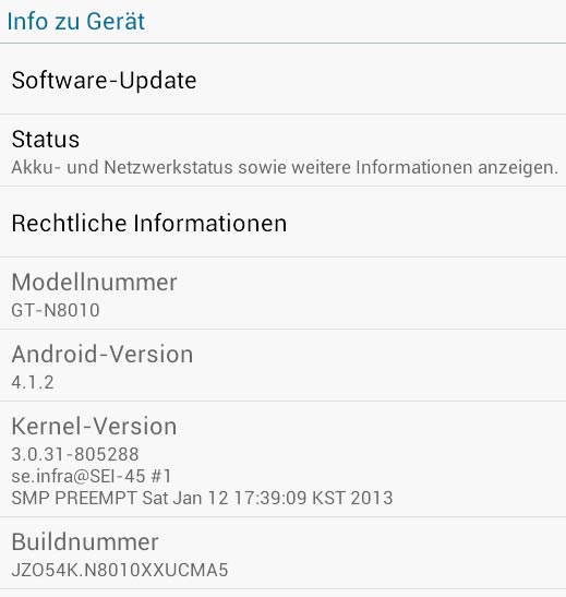 Geräte Information Galaxy Note 10.1 nach dem Firmware Update auf 4.1.2